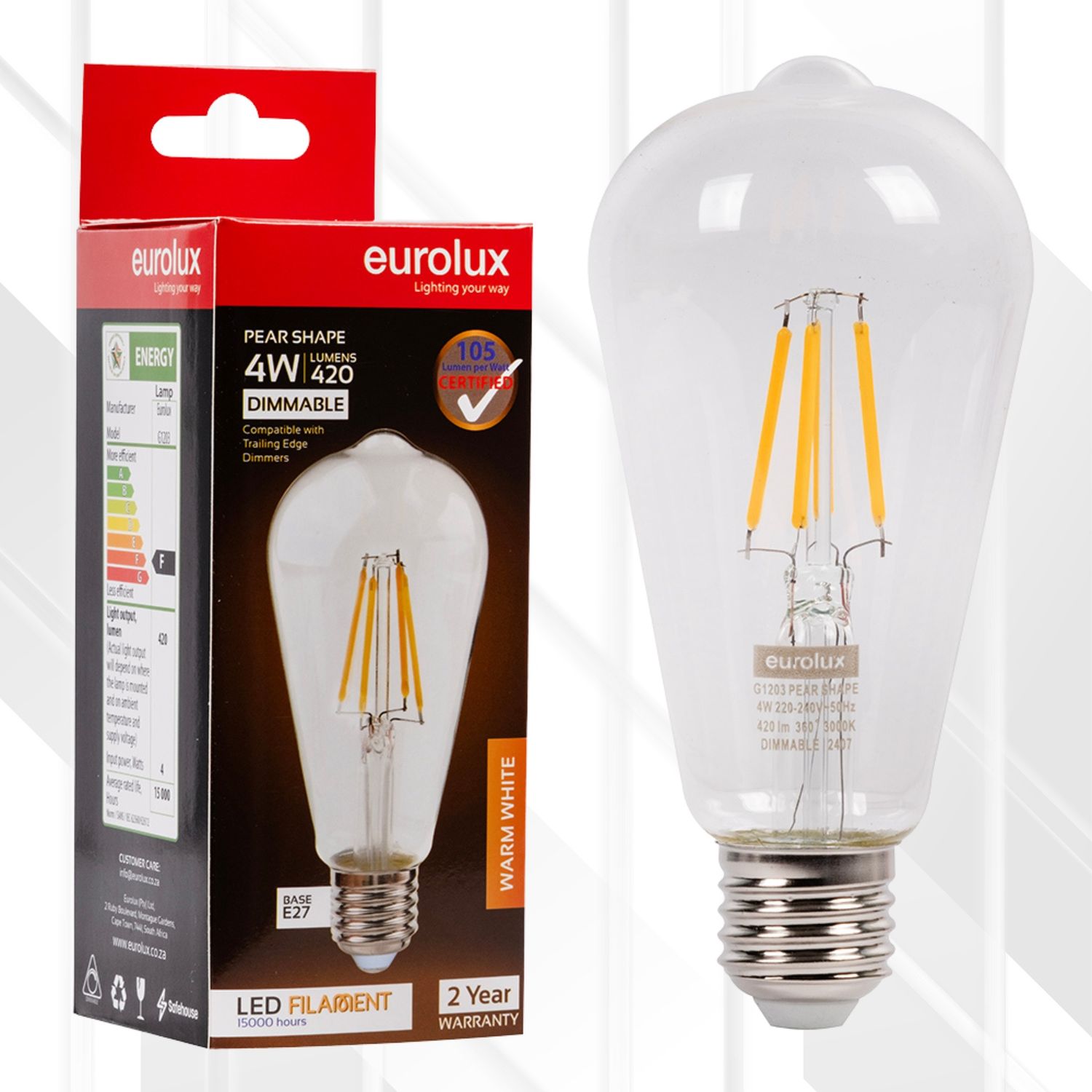 Pear Filament 4W LED E27 3000K Dimmable