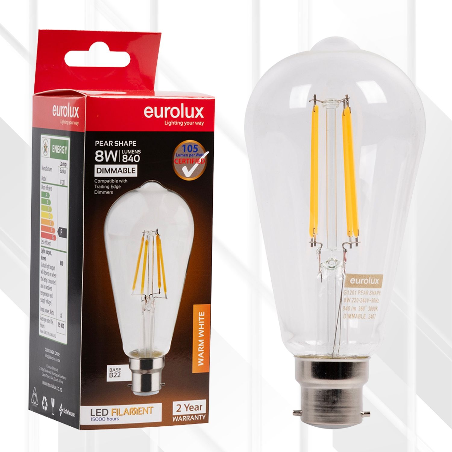 Pear ST64 Filament 8W LED B22 3000K Dimmable