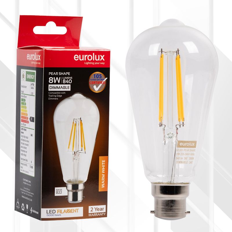 Pear ST64 Filament 8W LED B22 3000K Dimmable
