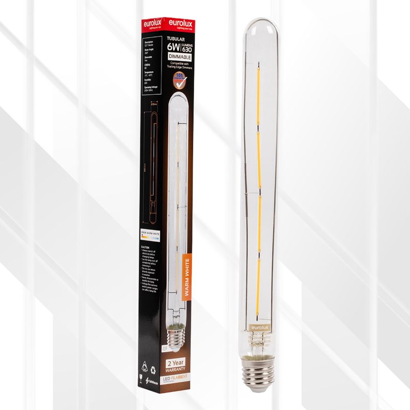 Tubular Filament T30-300 6W LED E27 3000K Dimmable