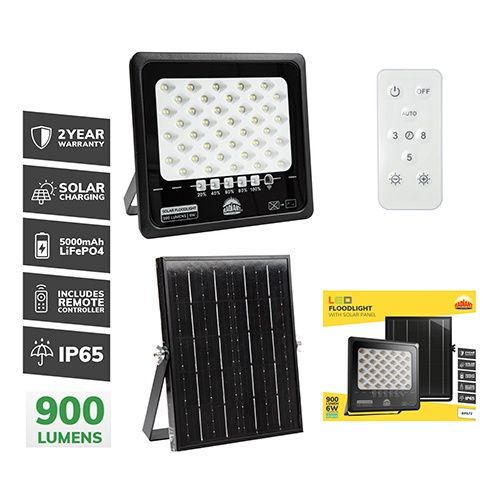 Solar Floodlight &amp; Remote LED 900lm 6500K