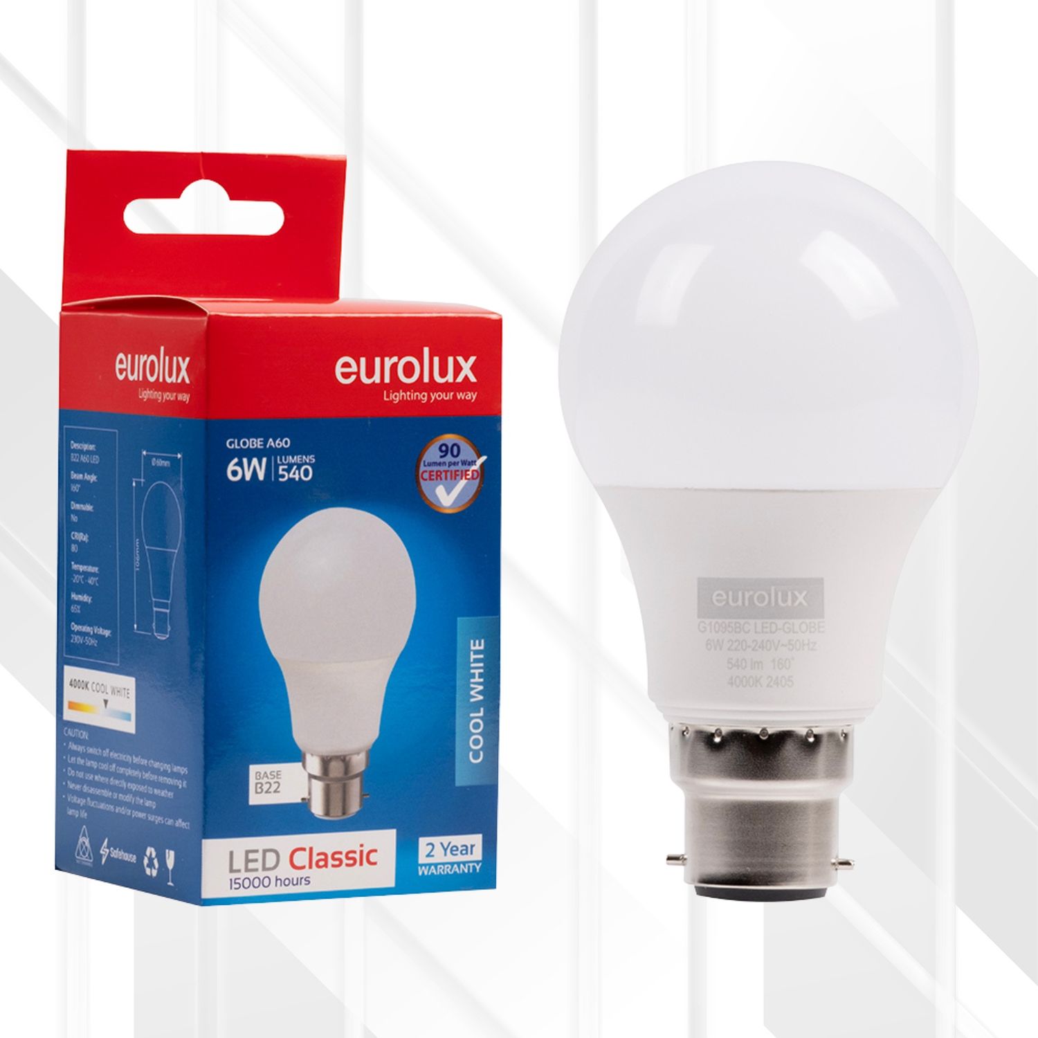 A60 Classic 6W LED B22 4000K, Quantity: Single