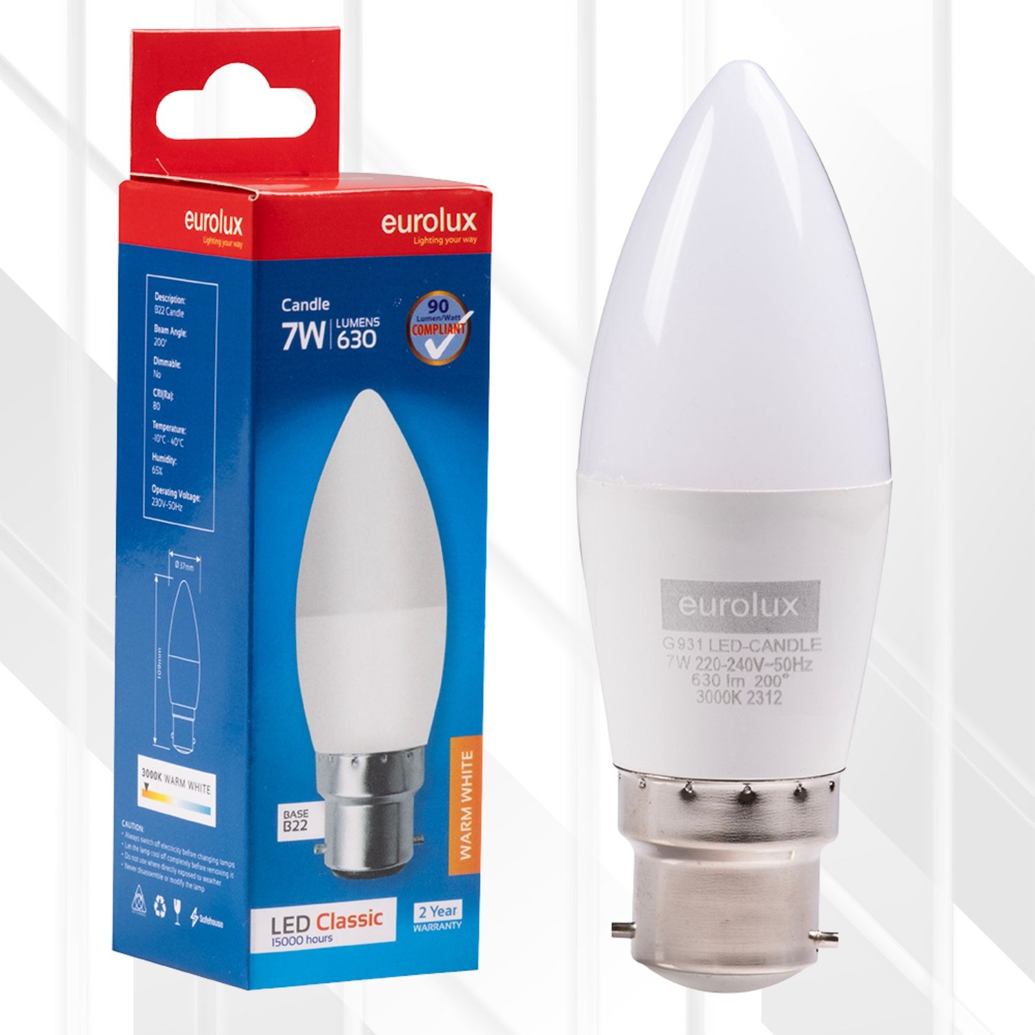 Candle Plastic Classic 7W LED B22, Colour Temperature: 3000K (Warm White)