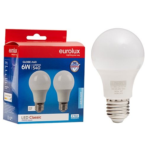 A60 Classic 6w LED E27 6500K Twin Pack Blister - G1130ES