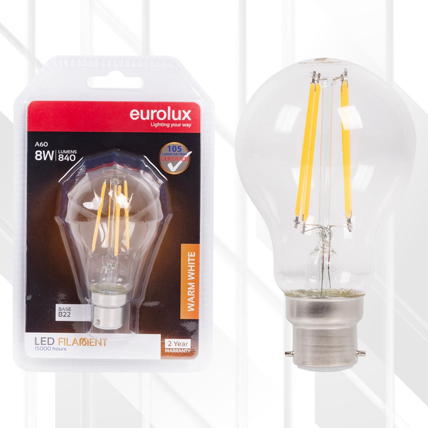 A60 Filament Clear 8W LED B22, Colour Temperature: 3000K (Warm White)