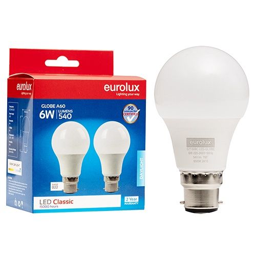 A60 Classic 6w LED B22 6500K Twin Pack Blister - G1130BC