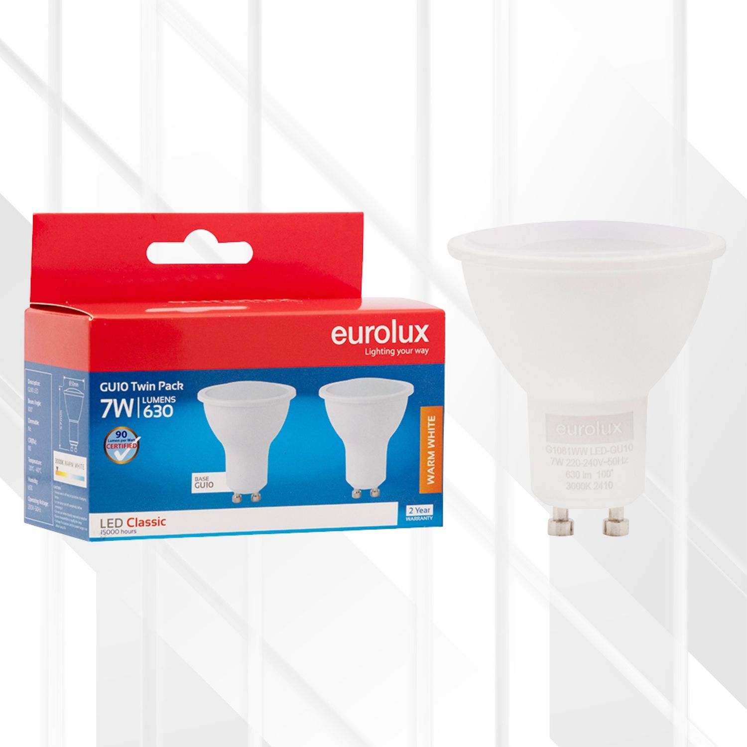 GU10 Classic Frosted Lens 7W LED Twin Pack Blister, Colour Temperature: 3000K (Warm White)