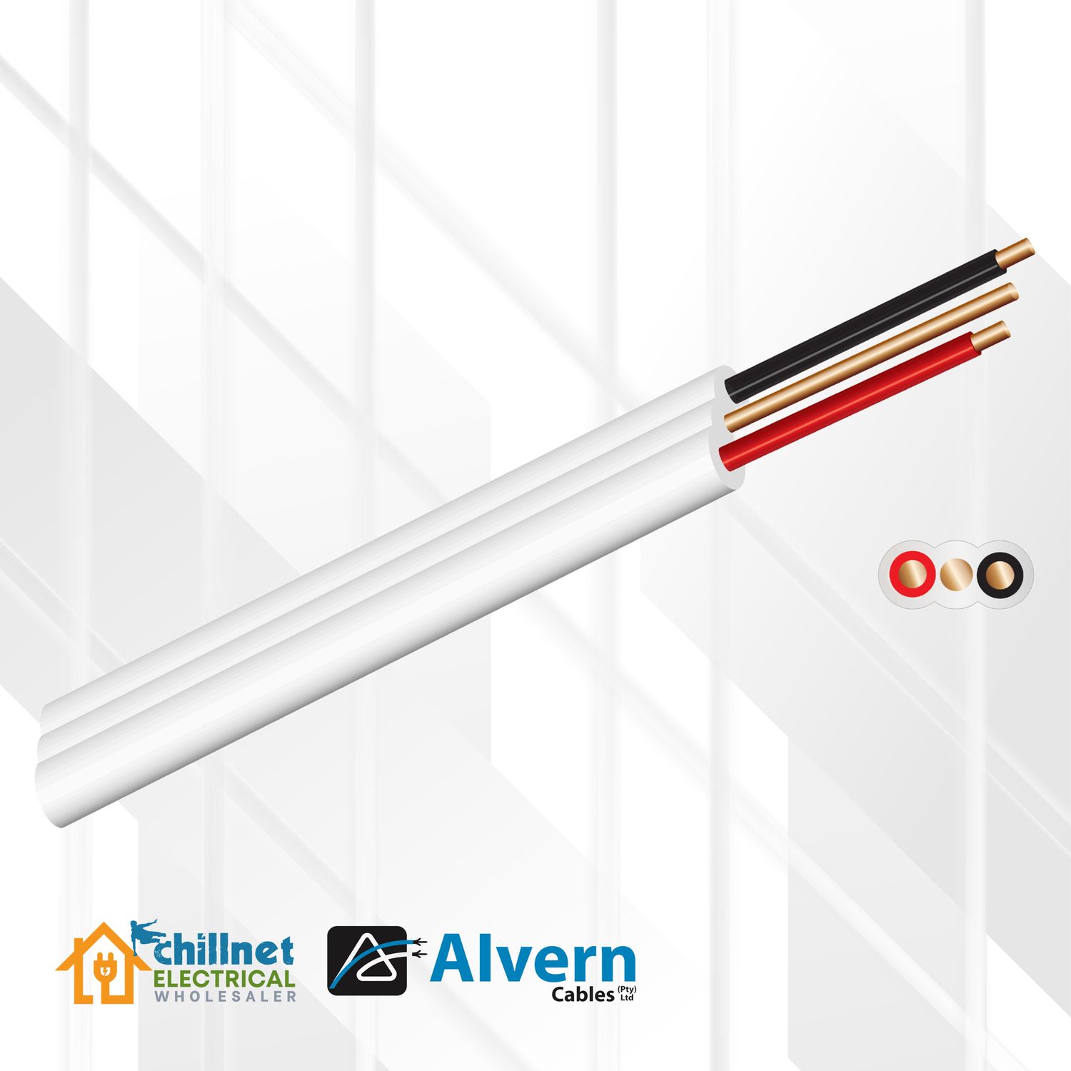 Flat Twin &amp; Earth 2.5MM White (ALVEX), Quantity: Cut Per Meter