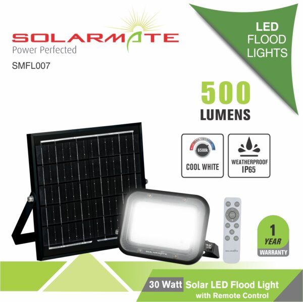 Solarmate 30Watt 500 Lumens Solar LED Floodlight + Remote Control