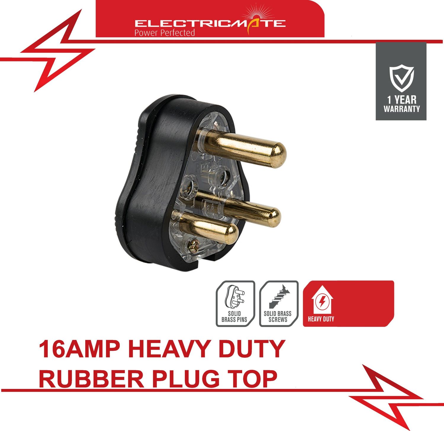 Electricmate 16A Heavy Duty Rubber Plug Top Black