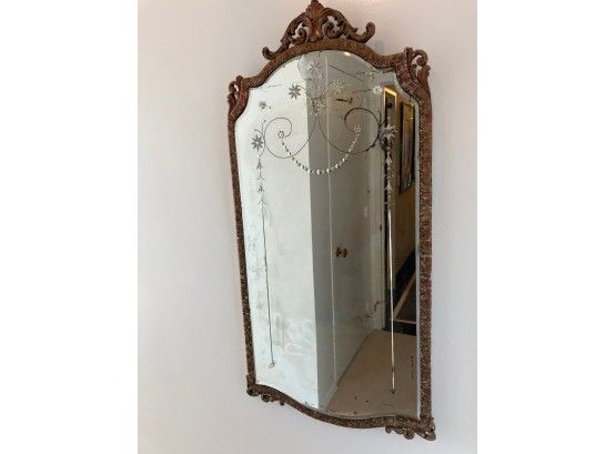 Vintage Carved &amp; beveled mirror in wood frame.