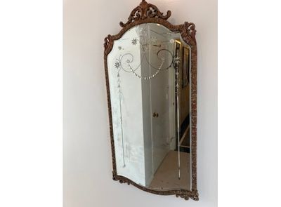 Vintage Carved &amp; beveled mirror in wood frame.
