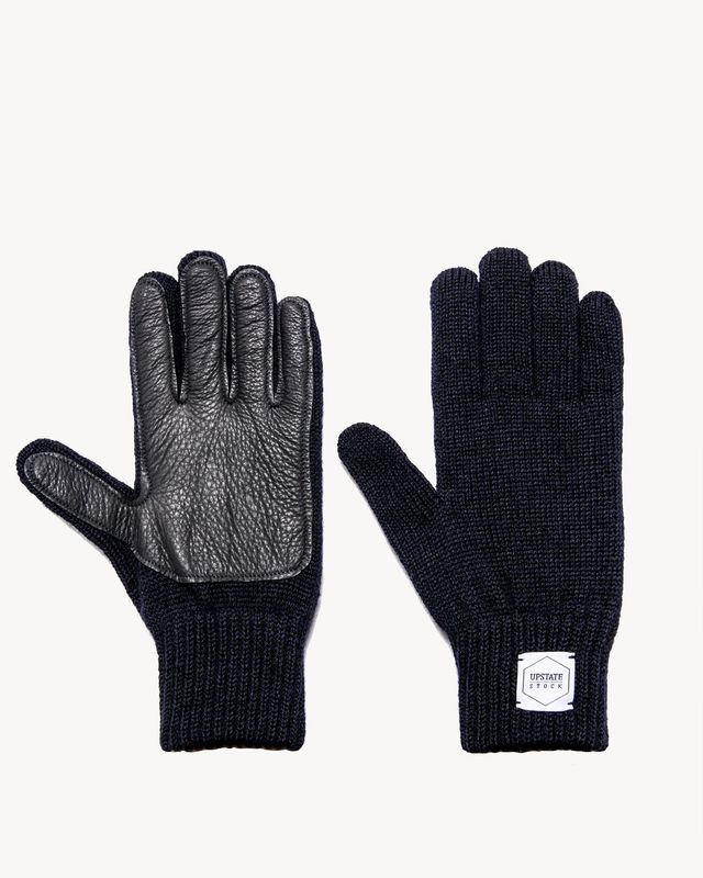 Upstate Stock Wool Full Finger Gloves Navy/Black Deerskin