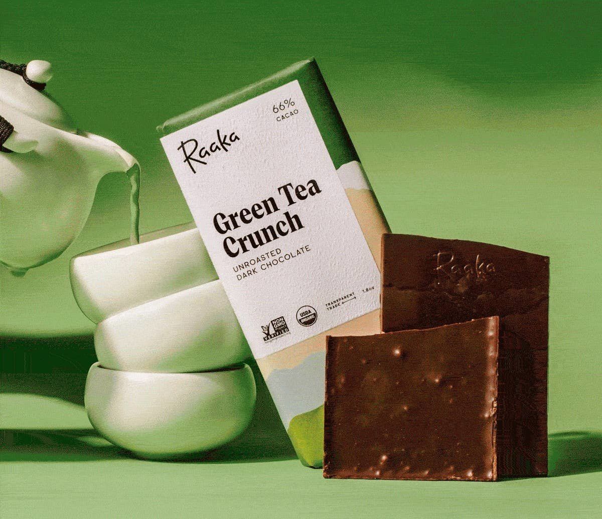 Raaka Chocolate Bar 66% Green Tea Crunch