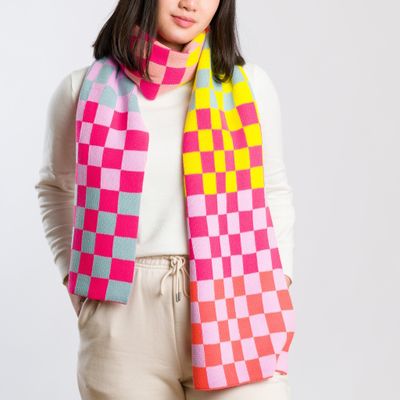 Verloop Checkerboard Stripe Scarf Stone Blue Fuchsia