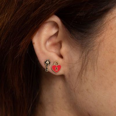Yellow Owl Heart Lock &amp; Key Earrings 22k Gold Studs