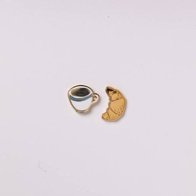 Yellow Owl Croissant &amp; Coffee  Earrings 22k Gold Studs