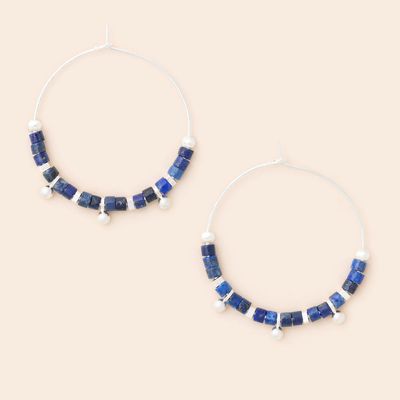Stone Disc Hoop Earring Lapis/Silver