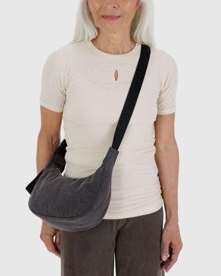 Baggu Small Denim Crescent Bag Washed Black Denim
