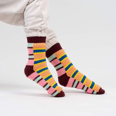 Zipper Stripe House Socks Peach Cobalt