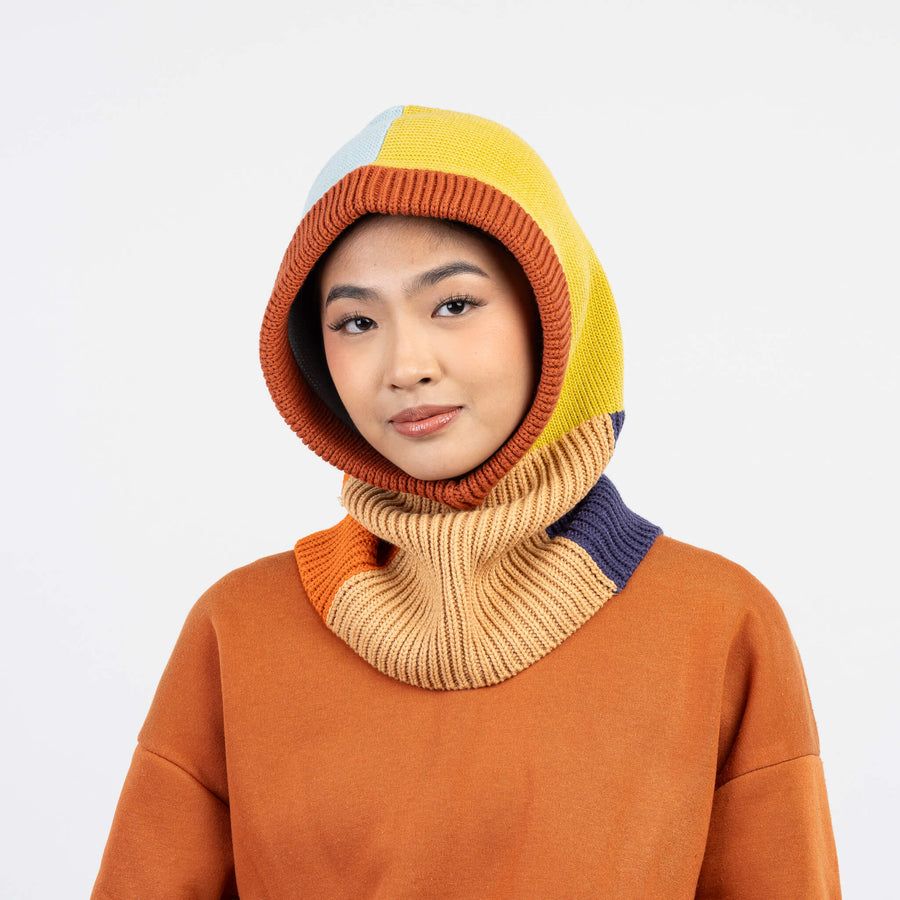 Mismatch Knit Hood Golden Olive Stone Blue