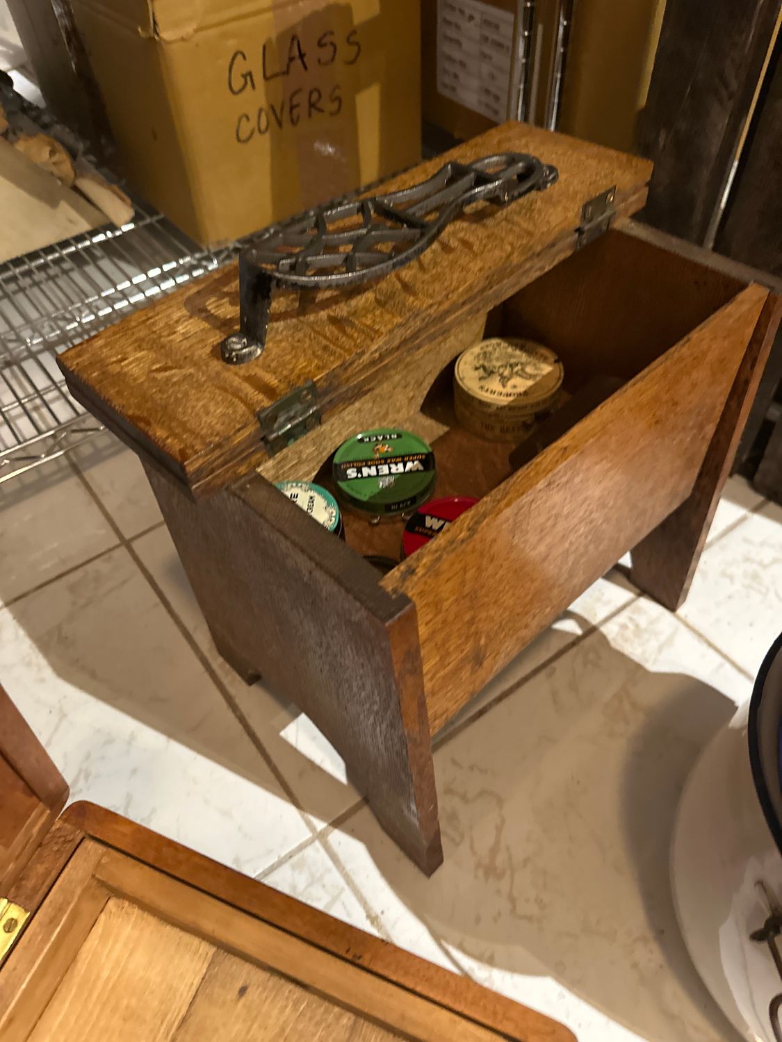 Vintage Shoe Shine Box with metal foot rest and tins