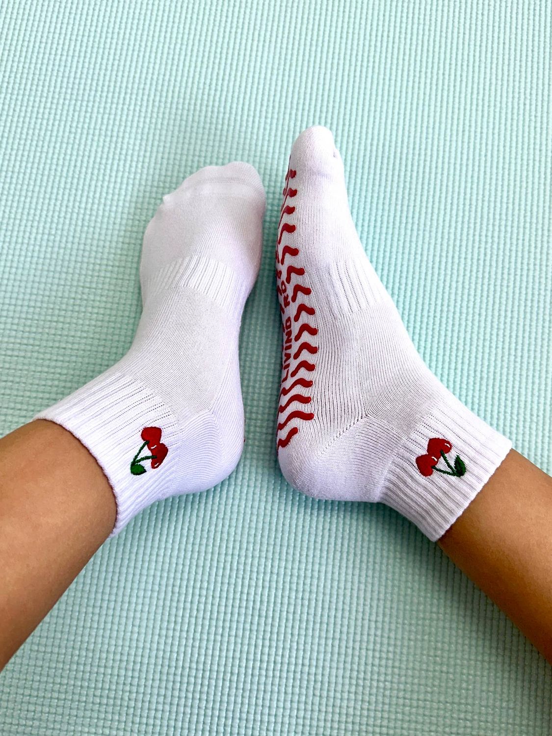 Bottom Grip Ankle Socks Red Cherries White