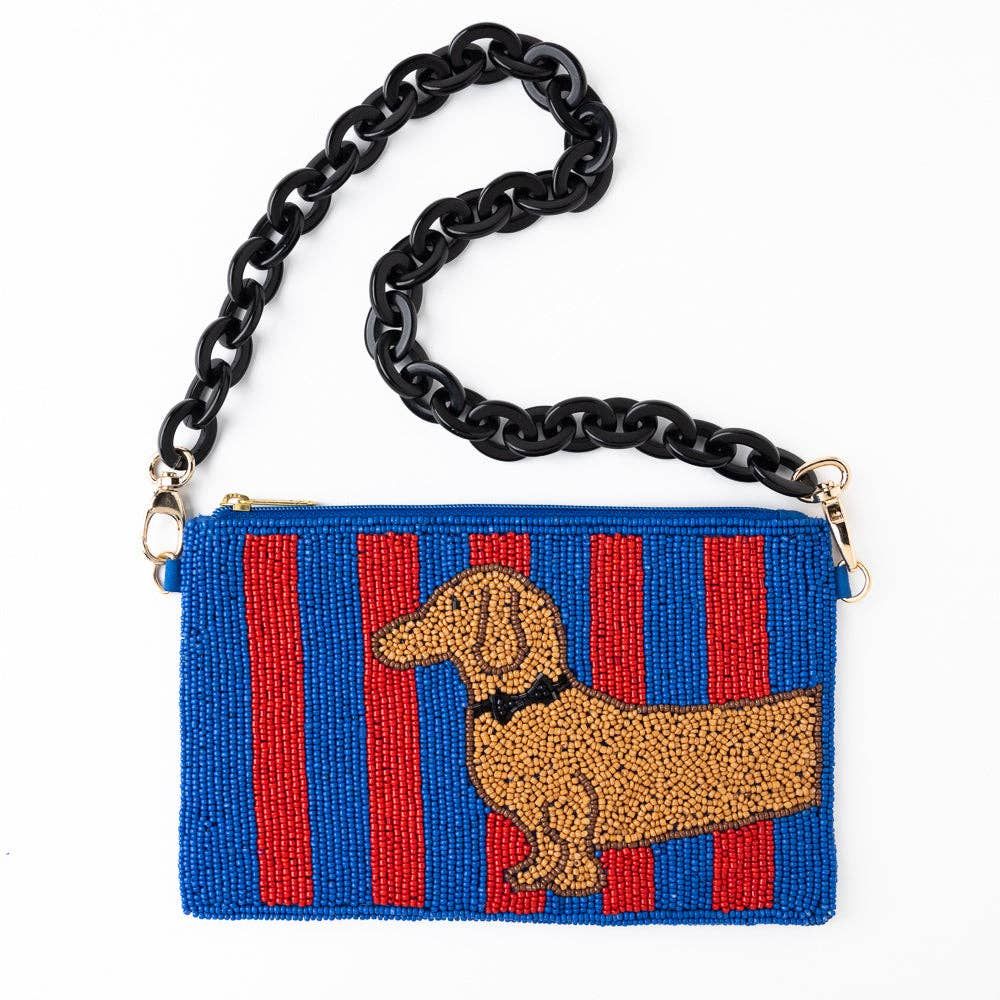 Elenor Striped Beaded Dachshund Bag Red + Blue