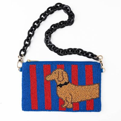 Elenor Striped Beaded Dachshund Bag Red + Blue