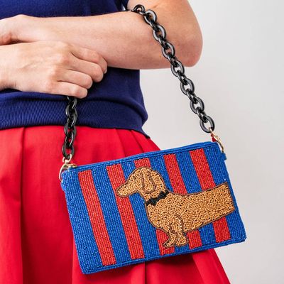 Elenor Striped Beaded Dachshund Bag Red + Blue