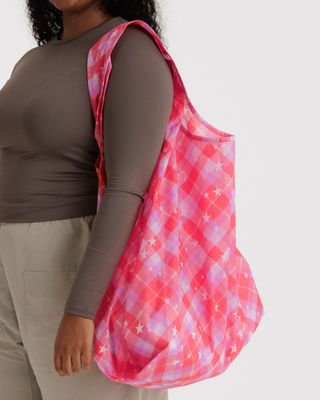 Baggu Reusable Bag Big Pink Star Plaid