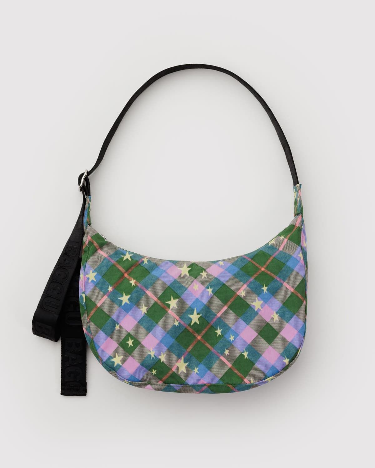 Baggu Medium Nylon Crescent Bag Green Star Plaid
