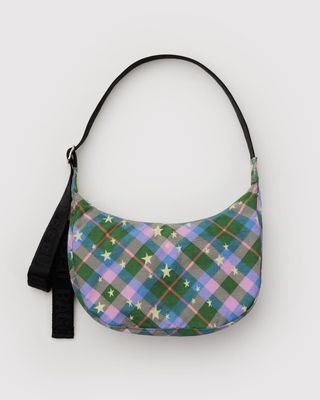 Baggu Medium Nylon Crescent Bag Green Star Plaid