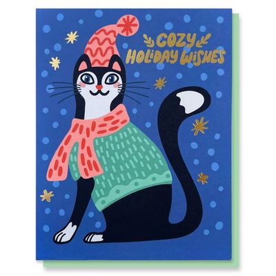 Cozy Cat Gold Foil Holiday Christmas Card