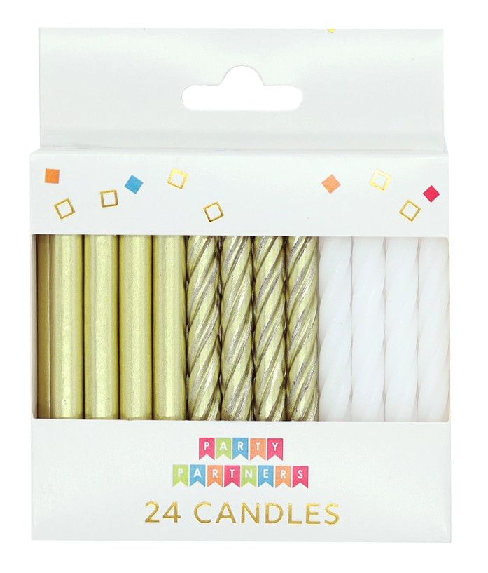 Gold Metallic &amp; White 24 Candles Set