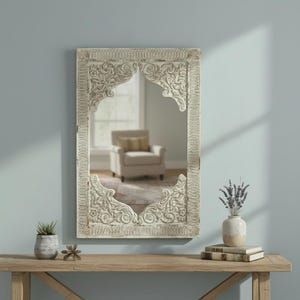 Vintage Wood Frame White Paint Mirror