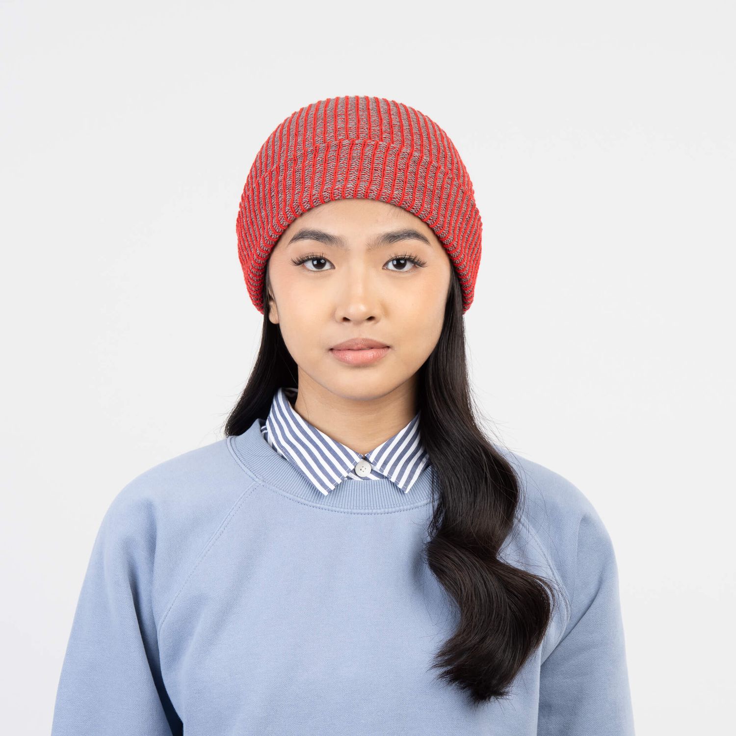 Simple Rib Beanie Red Grey