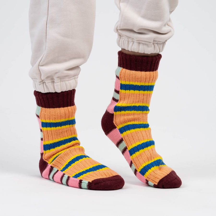 Zipper Stripe House Socks Peach Cobalt