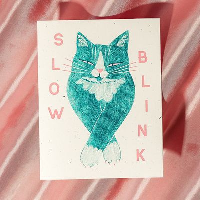 Slow Blink Cat - Risograph Greeting Card