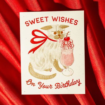 Sweet Wishes Birthday Cat - Risograph Greeting Card