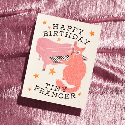 Happy Birthday Tiny Prancer Cat - Risograph Card