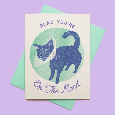 Glad You're On the Mend Cat - Risograph Get Well Card