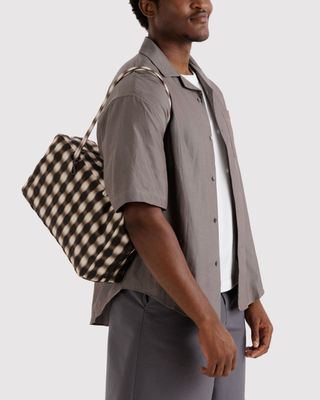 Baggu Medium Nylon Bowler Bag Blurred Gingham Brown