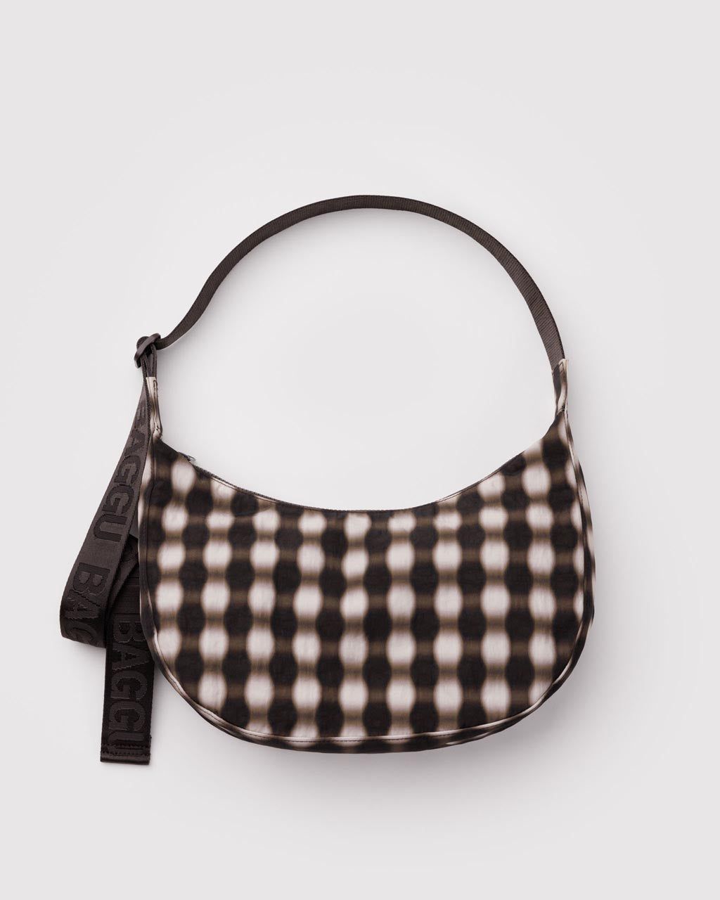 Baggu Medium Nylon Crescent Bag Blurred Gingham Brown