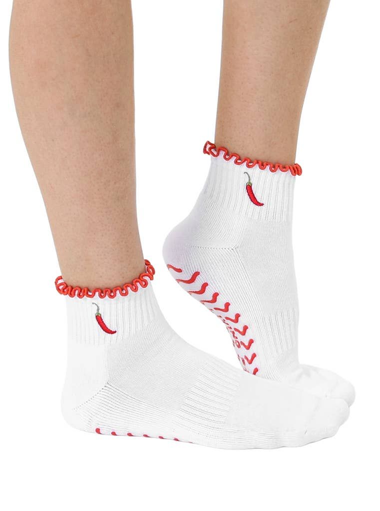 Bottom Grip Ankle Socks w/Ruffles Chili Pepper White