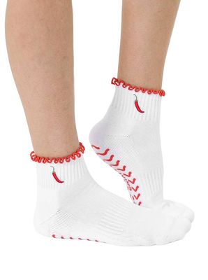 Bottom Grip Ankle Socks w/Ruffles Chili Pepper White