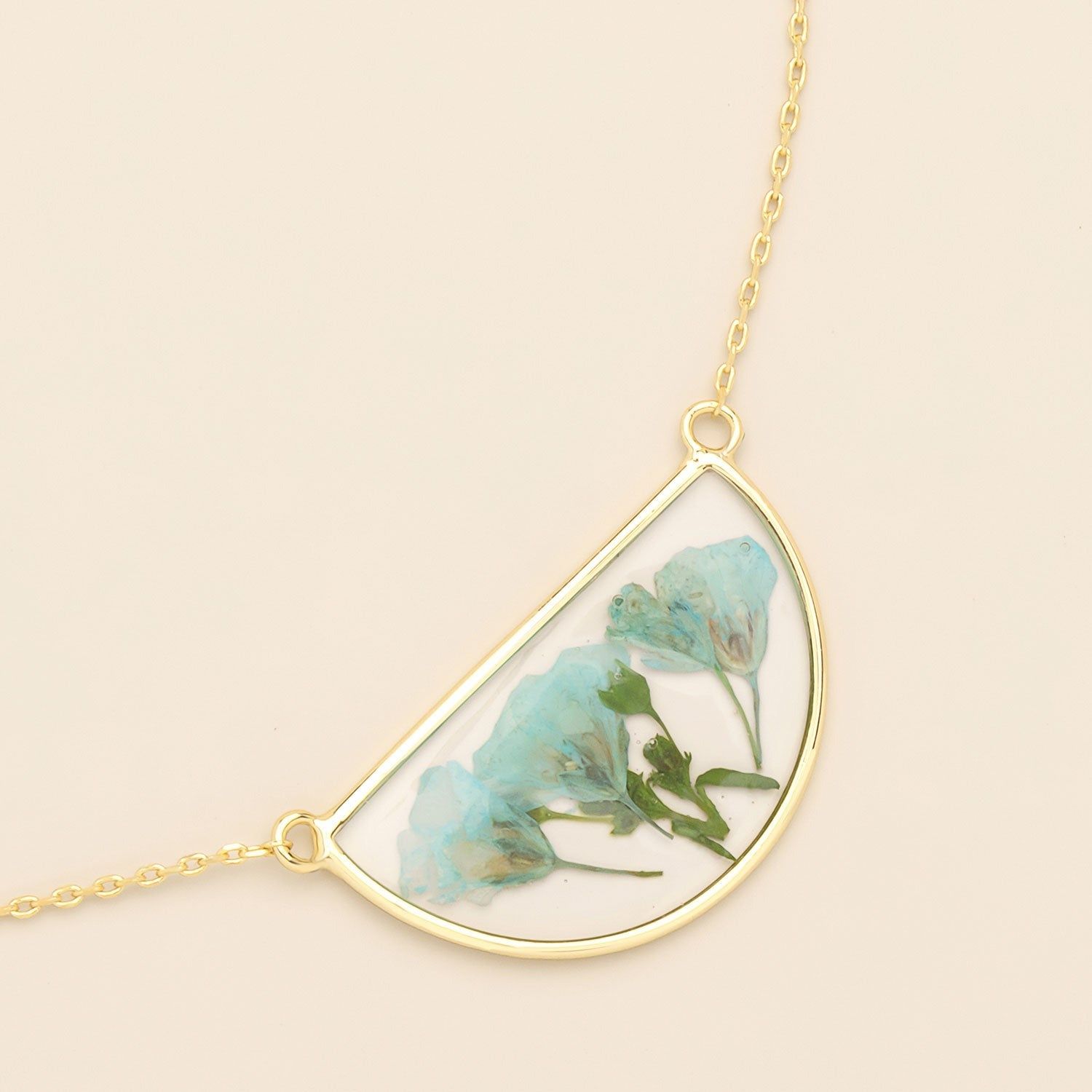Pressed Flower Necklace Blue Baby's Breath Gold