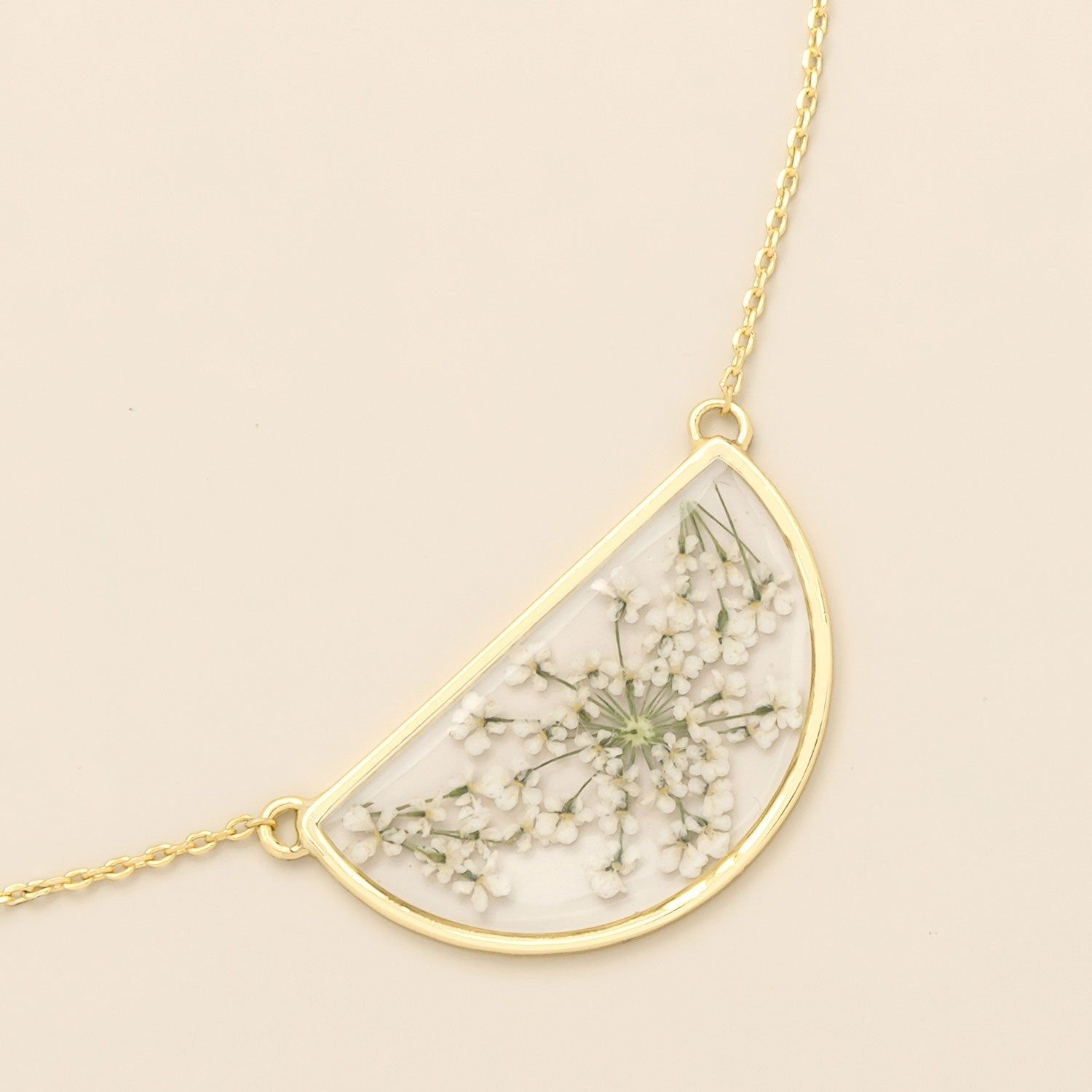 Pressed Flower Necklace White Lace Flower Gold