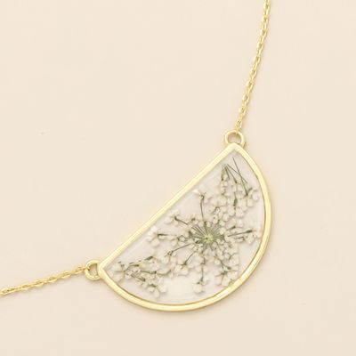 Pressed Flower Necklace White Lace Flower Gold