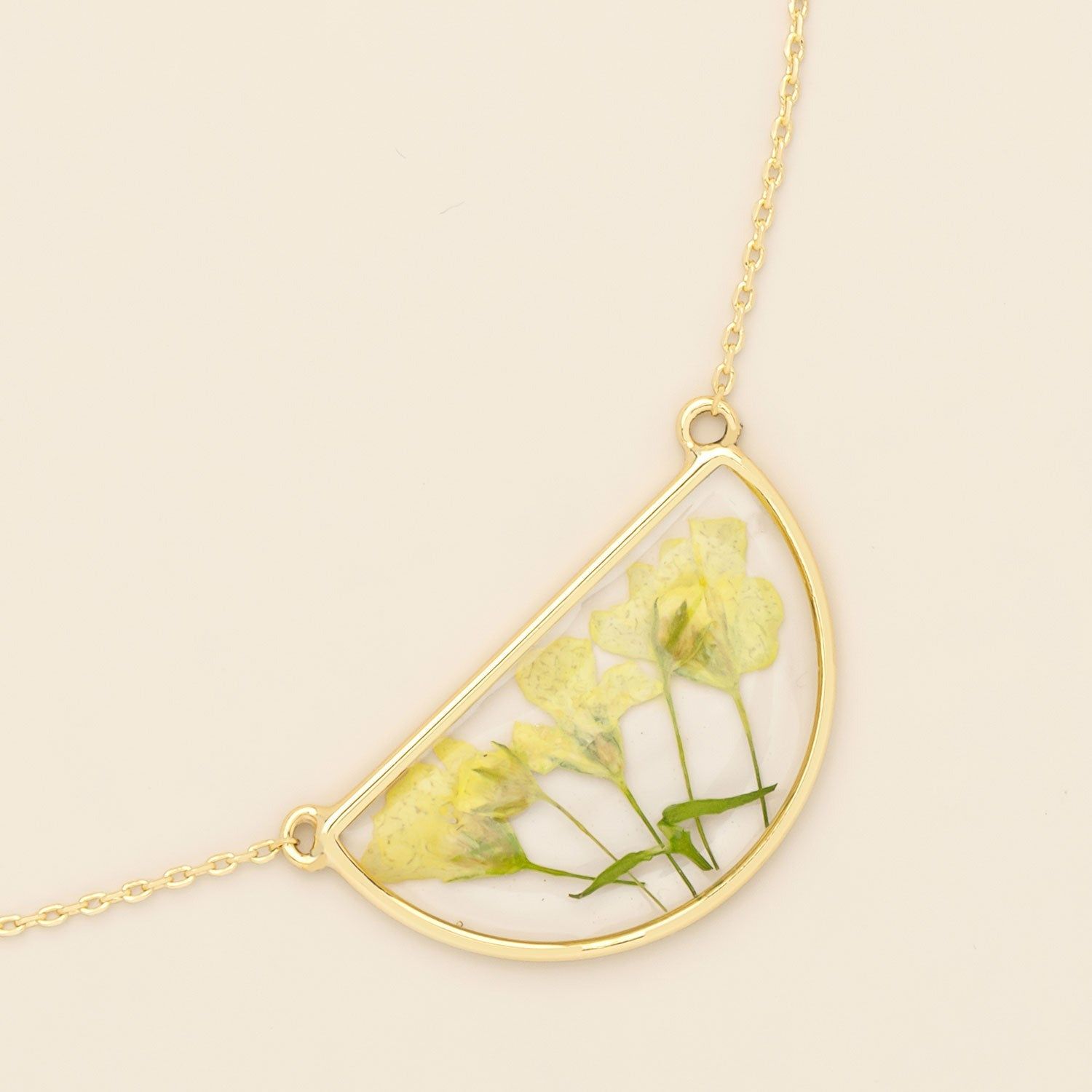 Pressed Flower Necklace Yellow Baby's Breath Gold